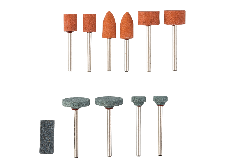 Assortiment de pierres à aiguiser pour utilisation avec des outils rotatifs.