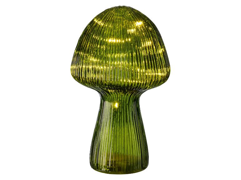 Lampe décorative verte en forme de champignon avec verre nervuré et LED blanc chaud.
