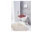Toilette avec couvercle rouge et tapis.