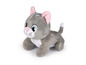 Une peluche grise en forme de chat avec un nez rose, des taches blanches et des yeux bleus.
