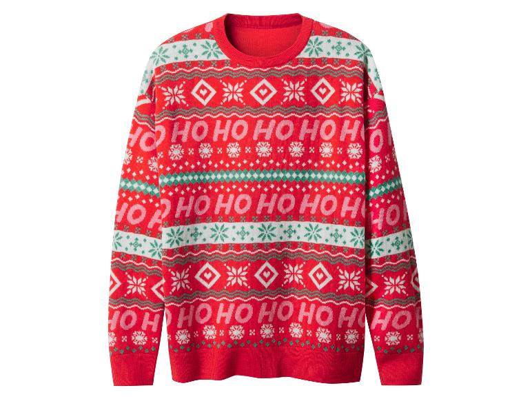 Pull de Noël rouge avec le texte « HO HO HO » et des motifs de flocons de neige.