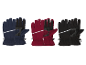 Trois paires de gants d'hiver en bleu, rouge et noir avec des bandes réfléchissantes.