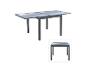 Table de jardin extensible avec cadre gris foncé et deux plateaux en verre, présentée étendue et compacte.