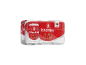 Pack de six bières blondes en canettes de 33 cl, emballage rouge et blanc.