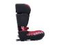 Siège auto enfant noir et rouge avec motif floral, vue latérale