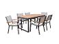 Ensemble de salle à manger de jardin avec une table rectangulaire et six chaises avec accoudoirs.