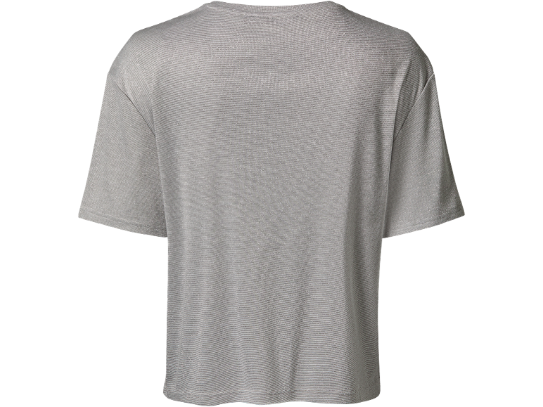 Vue arrière d'un t-shirt gris, brillant, boxy à manches courtes.