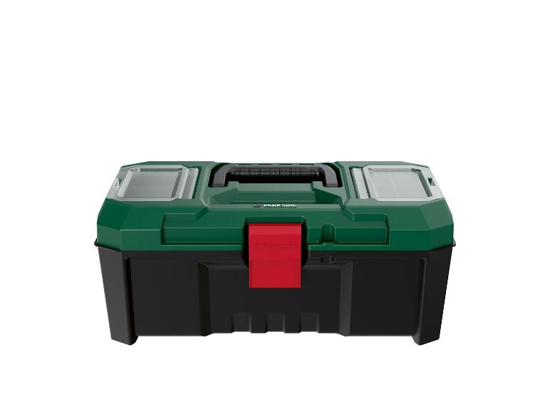 Boîte à outils verte et noire avec un fermoir rouge et des couvercles transparents.