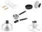 Accessoires de barbecue, incluant une grille en acier inoxydable et une presse à hamburger.