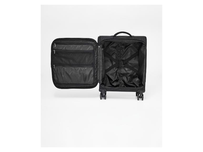 Valise noire ouverte à roulettes avec poches intérieures et sangles, marque Esmara.