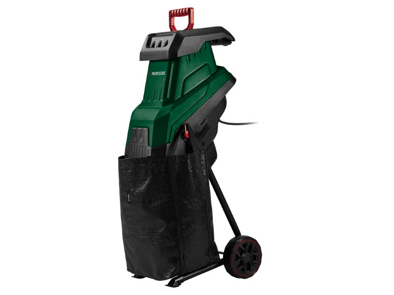 Broyeur de jardin Parkside avec sac de collecte et roues.