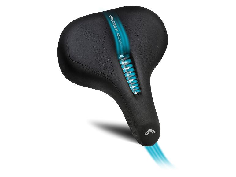 Selle de vélo noire avec système de ventilation bleu et mousse à mémoire de forme.
