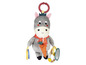 Un cheval en peluche gris avec une carotte, un anneau et un miroir pour bébé.