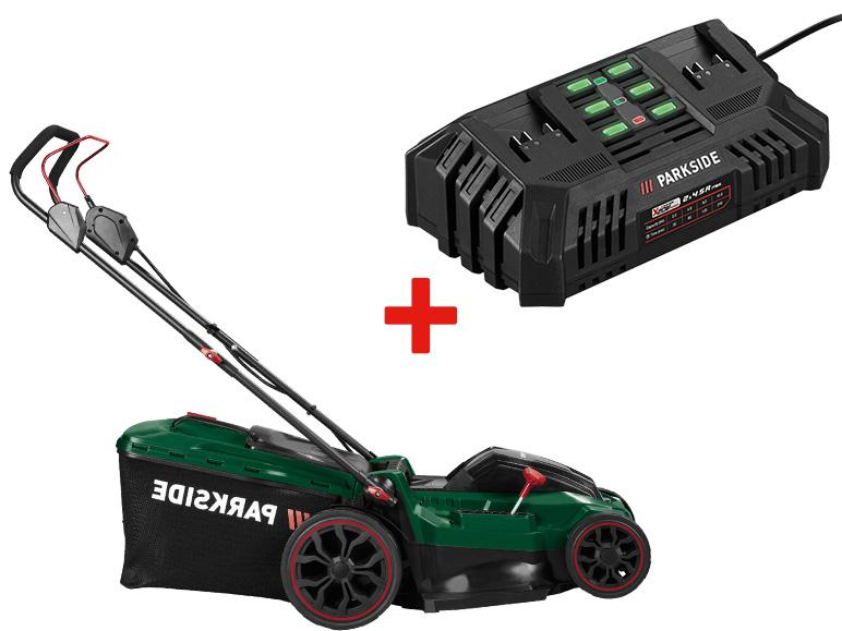 Tondeuse à gazon Parkside à batterie avec chargeur.