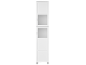 Armoire haute blanche avec deux portes vitrées et deux portes pleines, avec poignées argentées.
