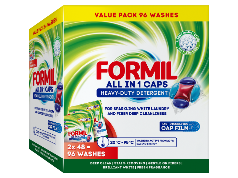Capsules de lessive en pack économique, offrant 96 lavages pour un nettoyage en profondeur et un détachage.