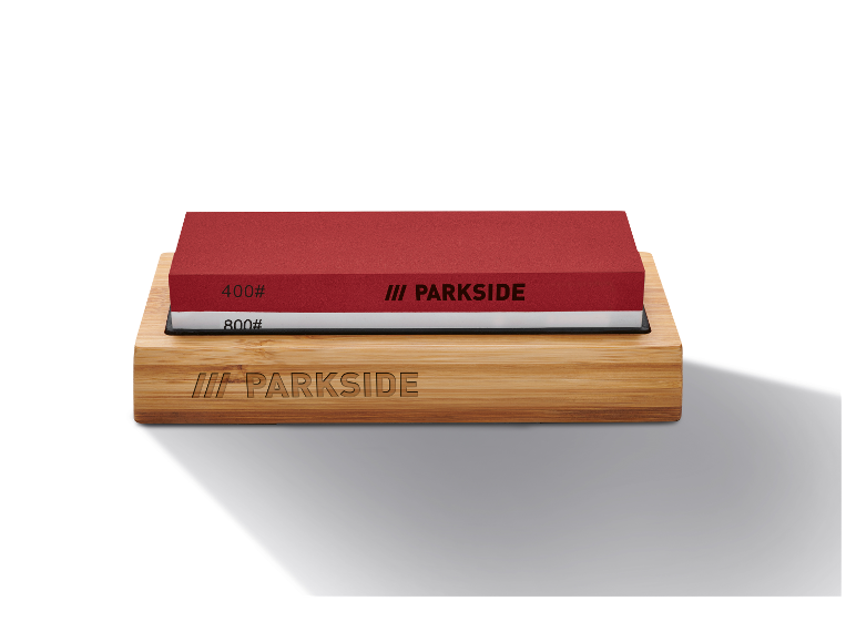 Un affûteur double face Parkside sur un support en bambou.