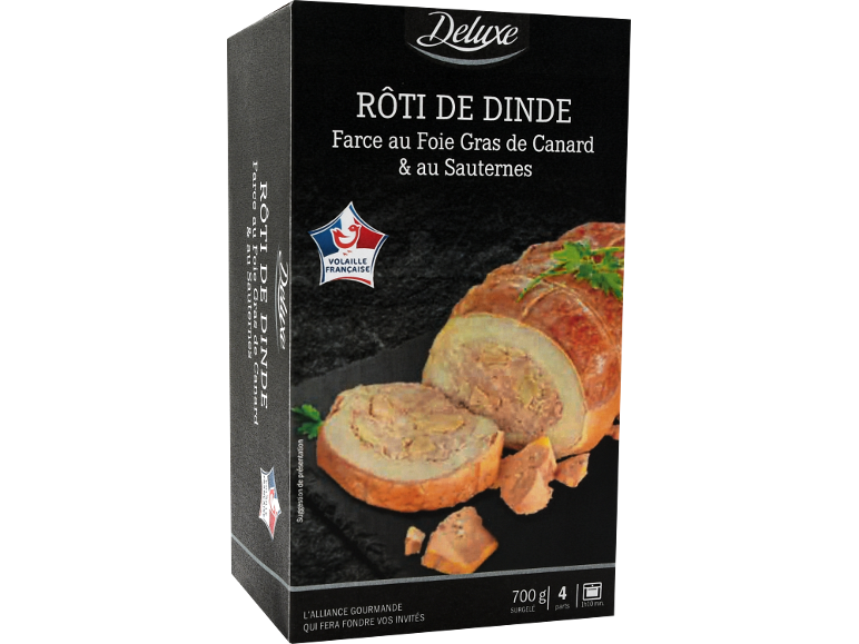 Rôti de dinde farci au foie gras de canard et au Sauternes, avec logo volaille française.