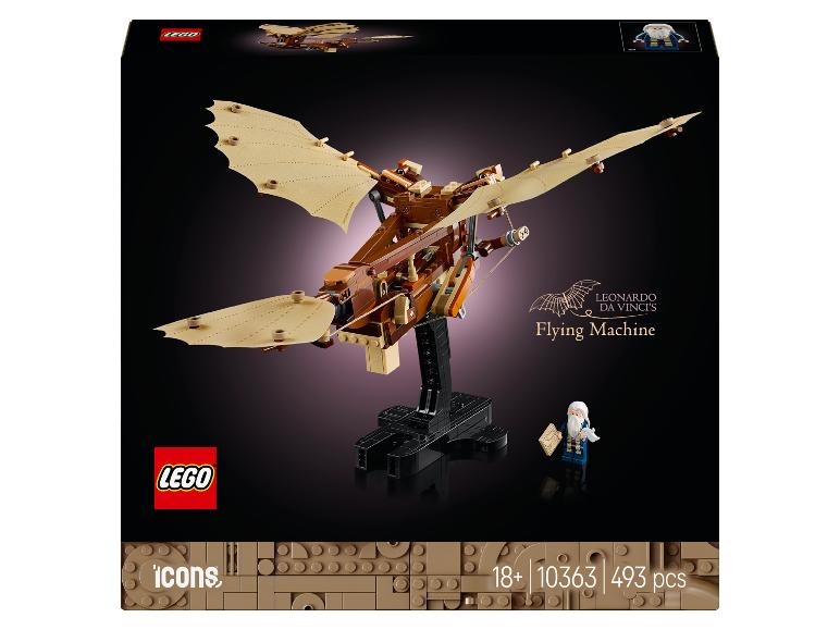 Boîte LEGO Icons Machine Volante de Léonard de Vinci avec 493 pièces et une figurine.