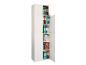 Armoire blanche avec étagères remplies de classeurs et de livres colorés.