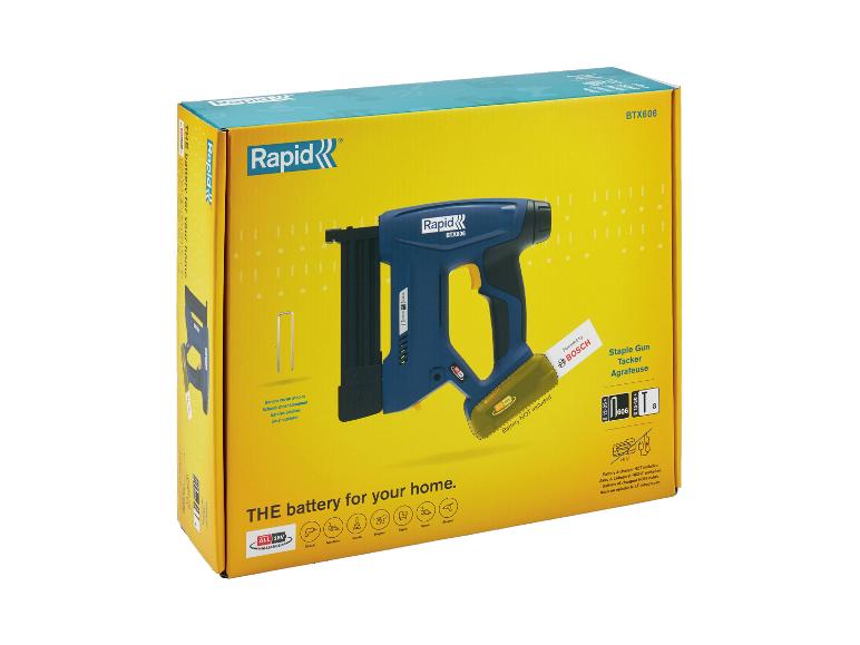 Agrafeuse sans fil LIVARNO® 18V »BTX606« dans son emballage, avec le texte « THE battery for your home ».