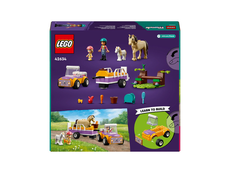 Ensemble LEGO Friends avec une remorque à chevaux, une voiture et des mini-poupées.