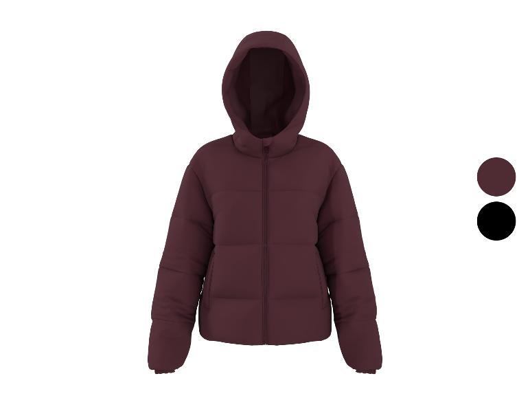 Doudoune bordeaux pour femme avec capuche et fermeture éclair, avec échantillons de couleur.