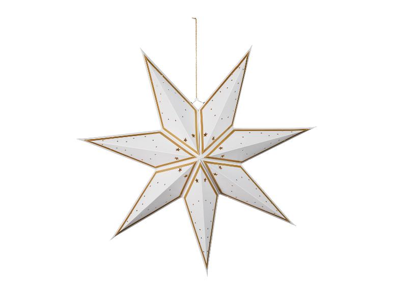 Étoile décorative blanche à huit branches, avec des bords dorés et des découpes d'étoiles et de points.