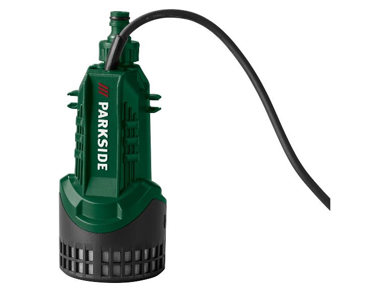 Pompe submersible Parkside verte et noire avec câble d'alimentation.