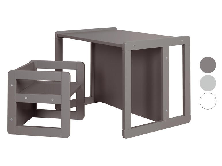 Une table et une chaise en bois grises pour enfants.