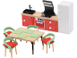 Ensemble de meubles de maison de poupée : cuisine rouge avec réfrigérateur et table à manger avec chaises.