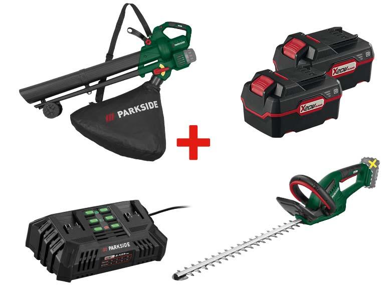 Souffleur de feuilles Parkside, taille-haie, deux batteries et un chargeur.