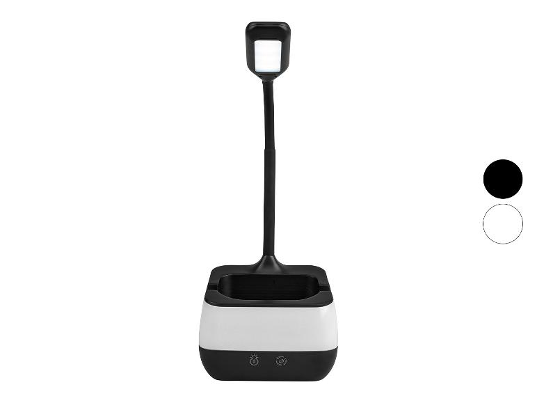Lampe de bureau LED avec base organisatrice et options de couleur blanc et noir.