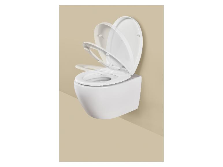 Toilettes suspendues blanches avec abattant à fermeture douce en différentes phases.