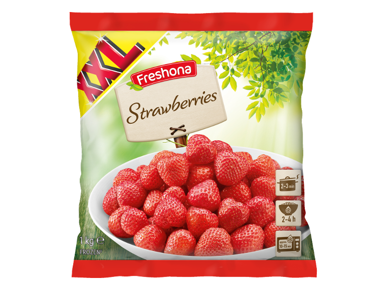 Sachet XXL de fraises congelées avec un bol de fraises et instructions de préparation.