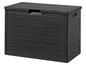 Un coffre de rangement noir avec un aspect bois.
