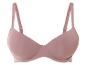 Un soutien-gorge rose avec des bonnets lisses et des bretelles larges.