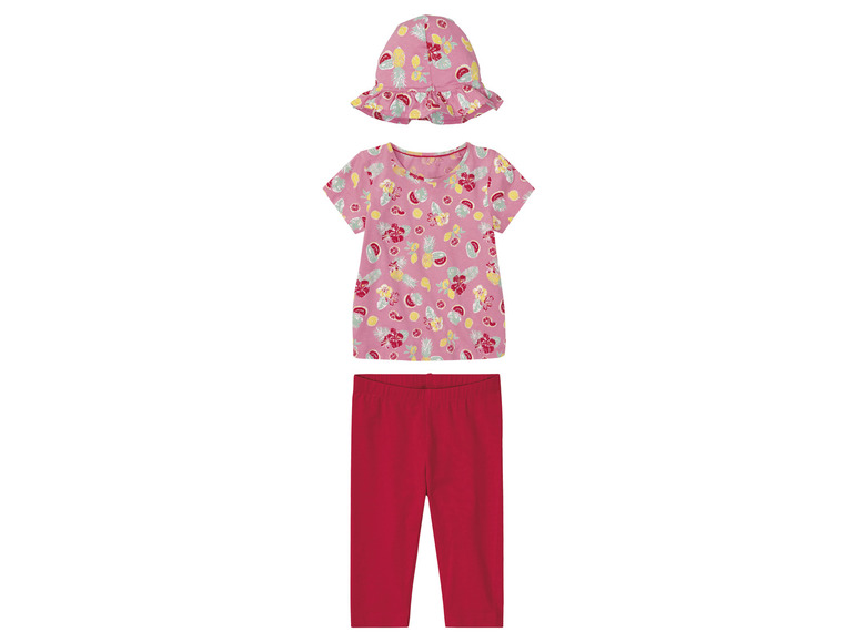 Un t-shirt rose à imprimé fruits, un legging rouge et un chapeau rose.