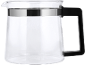 Carafe en verre avec poignée noire et bande métallique.
