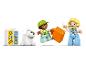 Figurines LEGO DUPLO, un chien et une brique météo sur fond blanc.