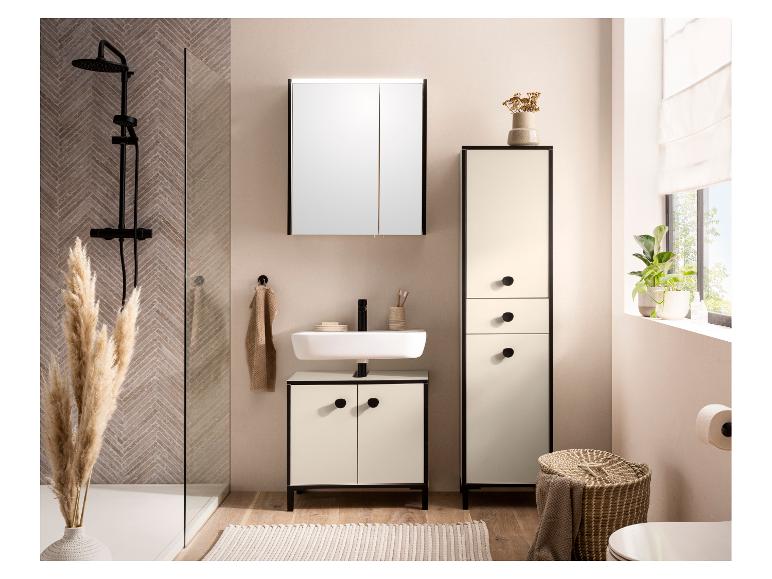 Salle de bain moderne avec douche, lavabo, armoire à miroir et meuble de rangement beige et noir.