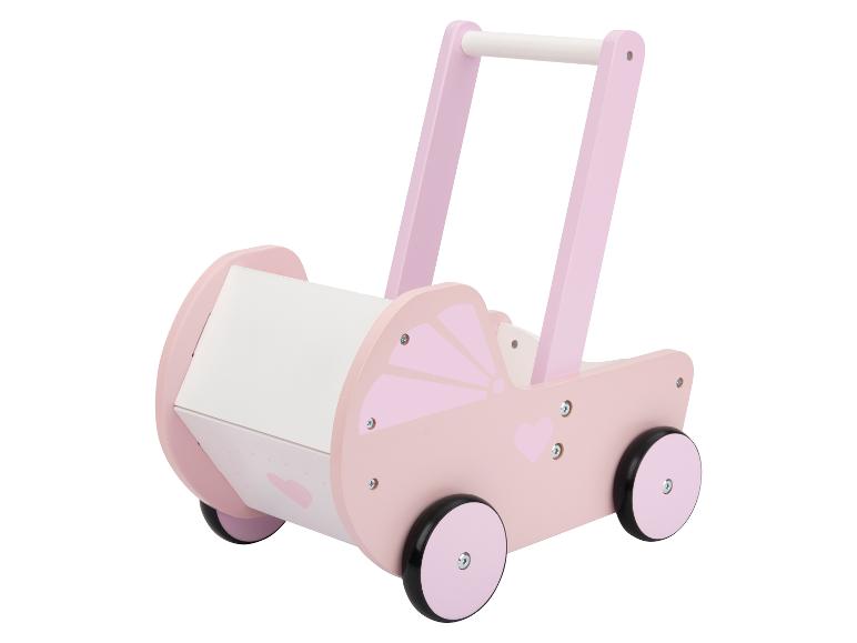 Poussette de poupée en bois rose avec roues noires