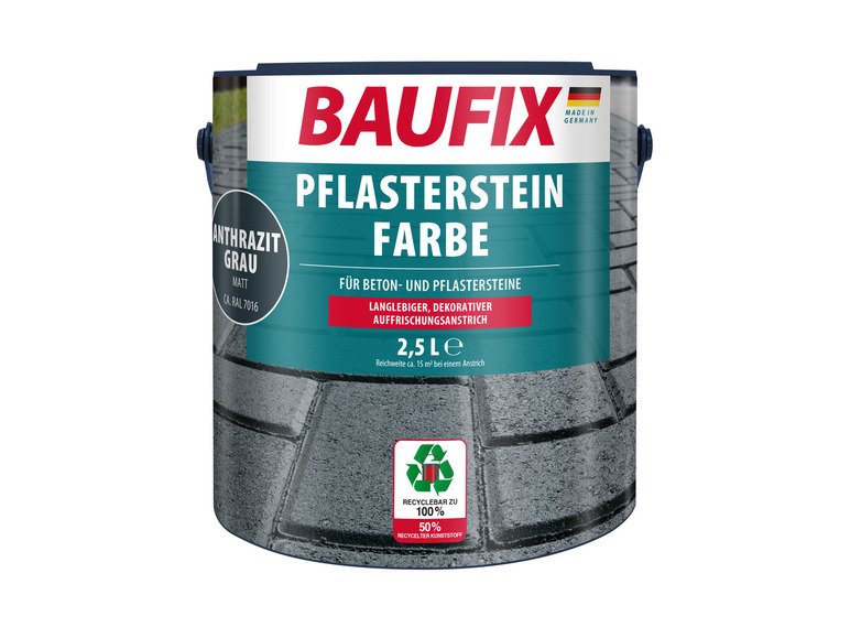 Un pot de peinture Baufix Pflasterrein de couleur gris anthracite, adapté au béton et aux pavés.