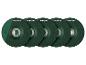Ensemble de cinq disques de ponçage verts avec centre métallique, alignés.