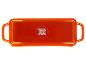 Plat de cuisson rectangulaire orange avec poignées et icônes de cuisson.