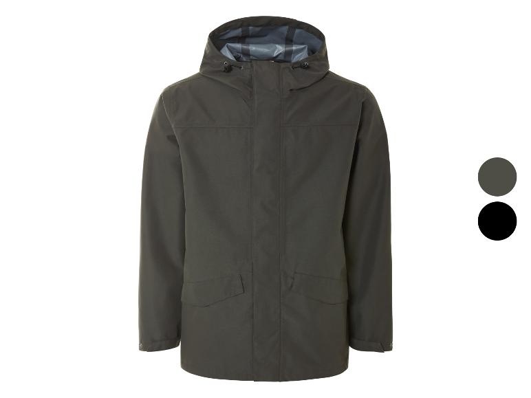 Veste imperméable à capuche, vert foncé et noir.