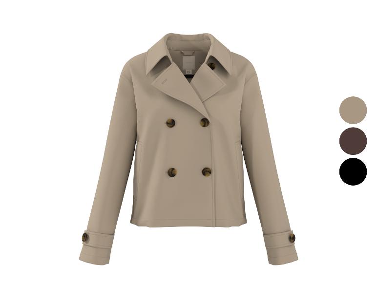 Veste croisée beige avec boutons et palette de couleurs.