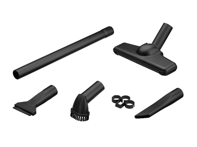 Accessoires noirs pour aspirateur, comprenant des tubes d'extension, des buses et des brosses.