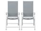 Deux chaises de jardin pliantes grises avec un cadre blanc.