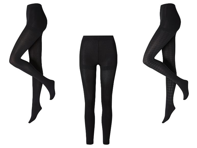 Collants noirs, unis et à motif pied-de-poule, présentés sur mannequins et à plat.